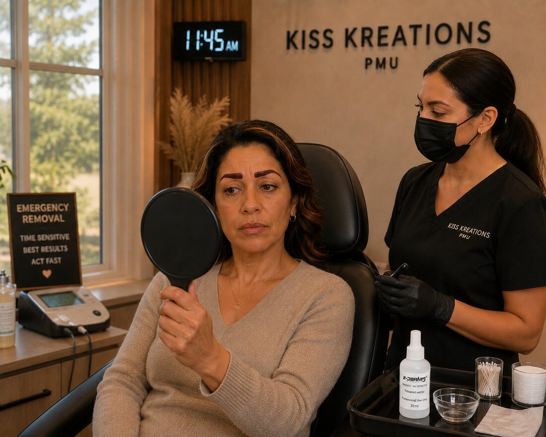 Clients at Kiss Kreations PMU studio in Tempe AZ examining their brows before a removal consultation