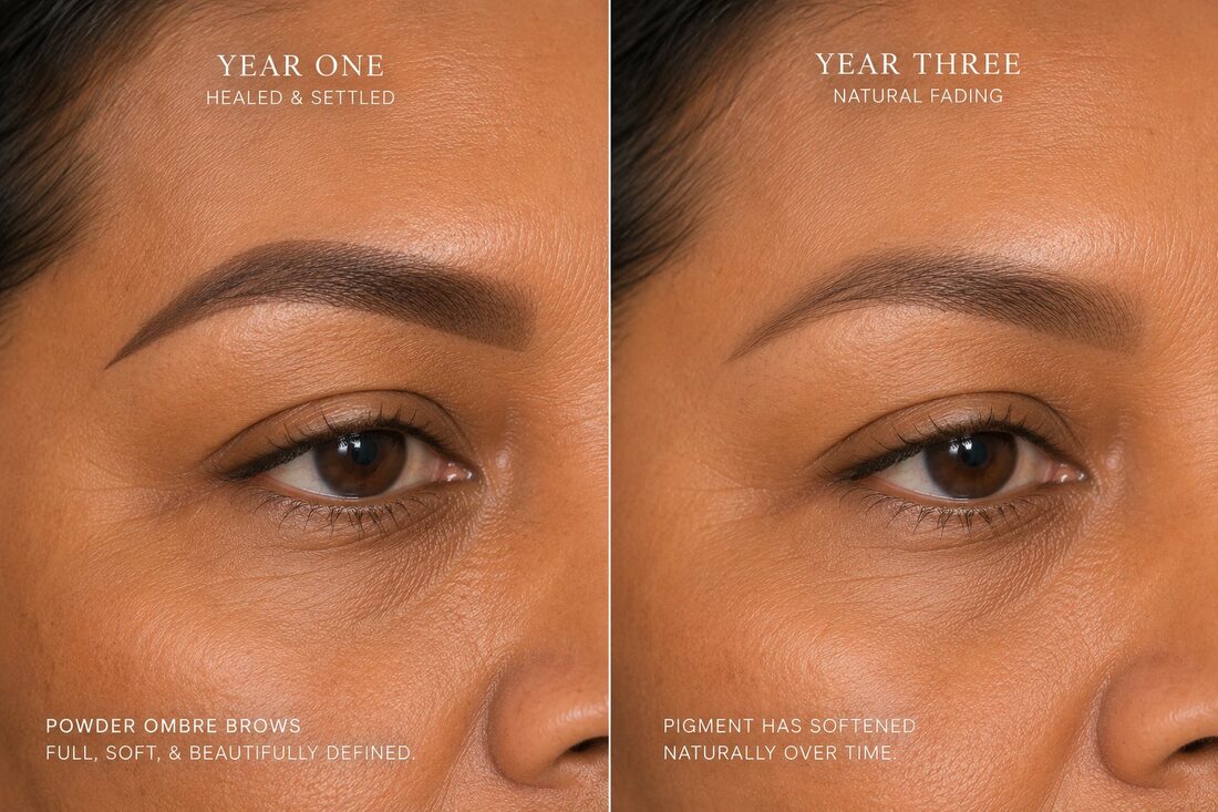 Powder brows Year One vs Year Three — natural fading timeline — Kiss Kreations Tempe AZ