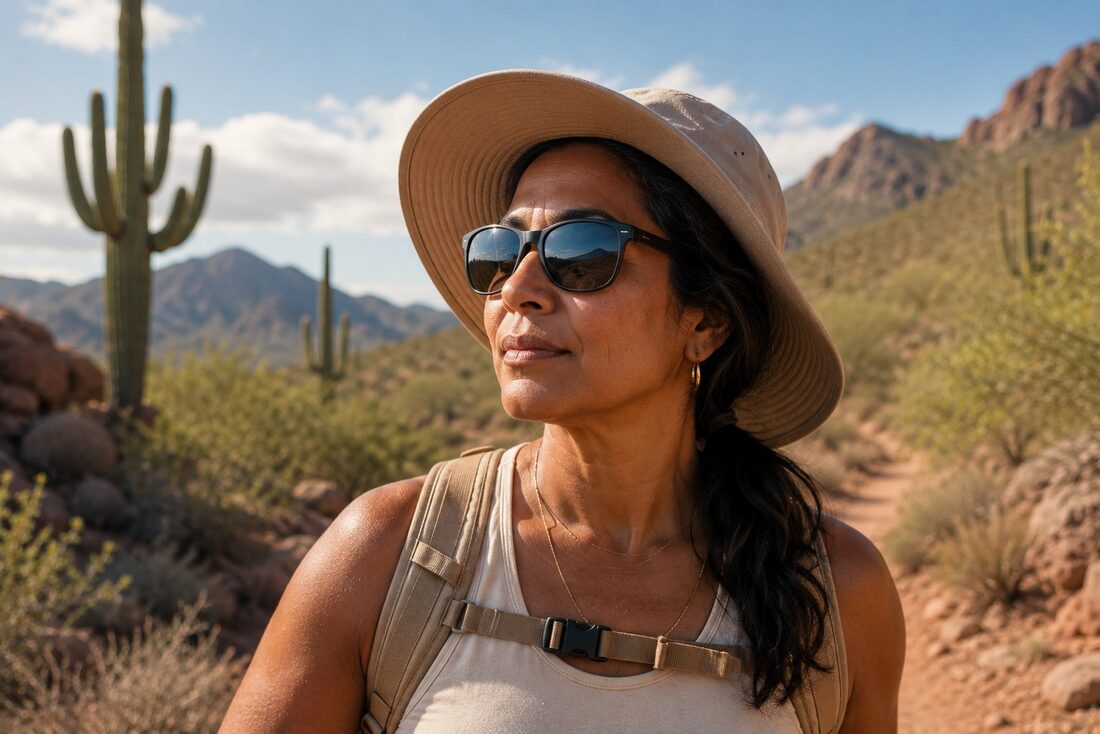 Woman hiking Arizona desert trail with sun hat — UV exposure and powder brow longevity — Kiss Kreations Tempe AZ