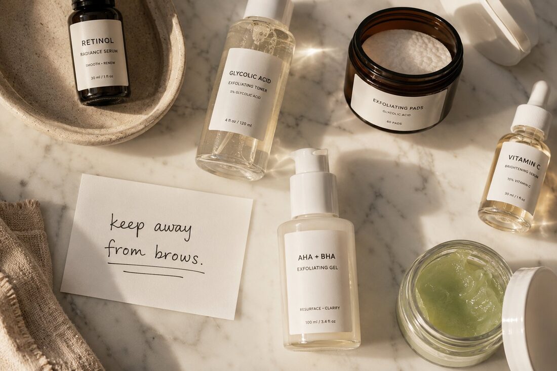 Retinol glycolic acid and exfoliating skincare products — keep away from brows — Kiss Kreations Tempe AZ