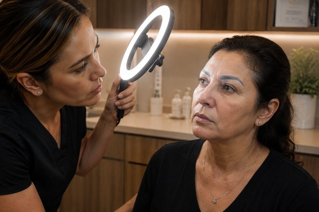 PMU correction artist examining client with gray-blue microblading under ring light — Kiss Kreations Tempe AZ