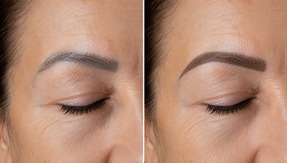 Before and after microblading correction — blurred strokes corrected to natural powder brows — Kiss Kreations Tempe AZ