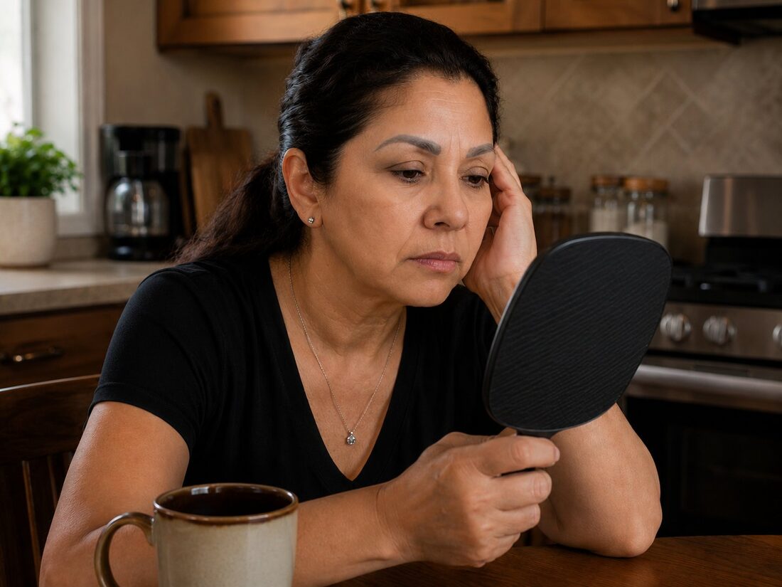 Woman at kitchen table looking at her brows in a mirror with quiet frustration — Kiss Kreations Tempe AZ