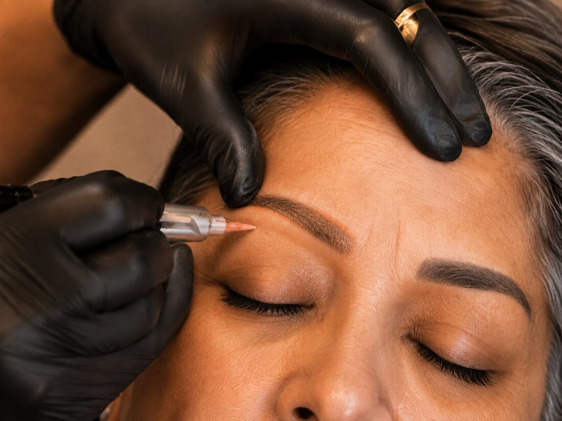 PMU correction procedure in progress on silver-haired client — Kiss Kreations Tempe AZ