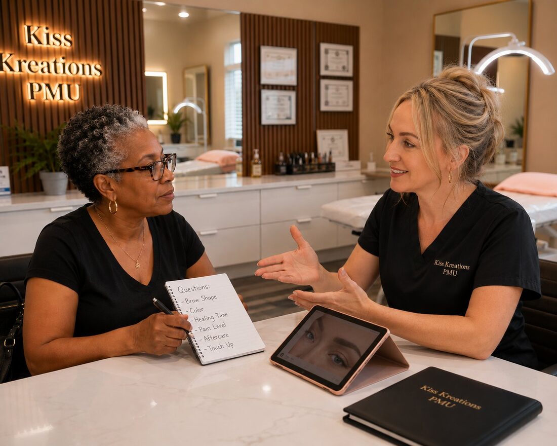 Kiss Kreations PMU consultation — client with questions notepad, artist answering — Tempe AZ