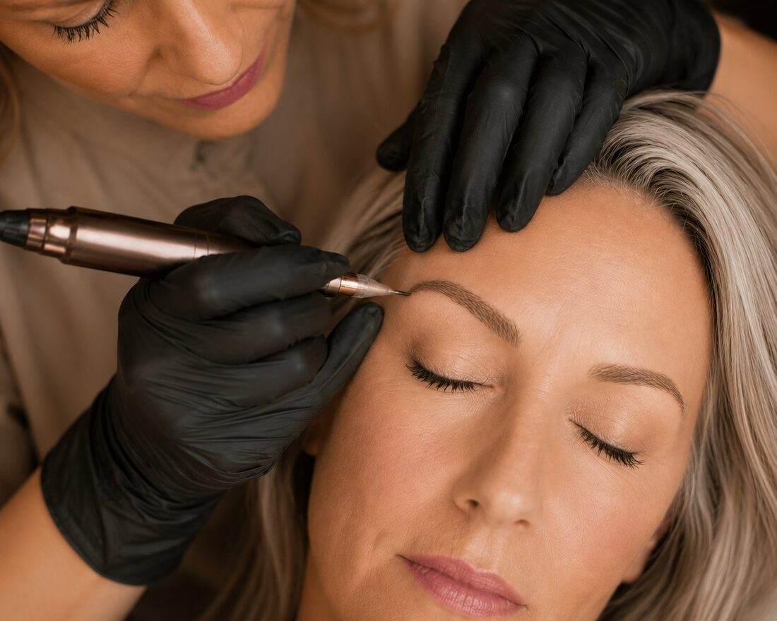 PMU artist using digital machine for nano brows — Kiss Kreations Tempe AZ