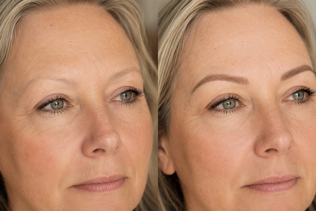 Before and after powder brows on mature skin — Kiss Kreations Tempe AZ