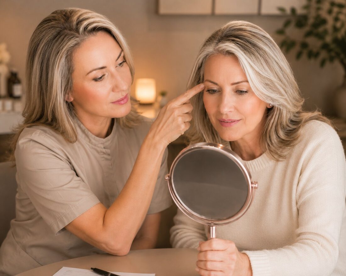 PMU consultation at Kiss Kreations — artist and client reviewing brow design Tempe AZ