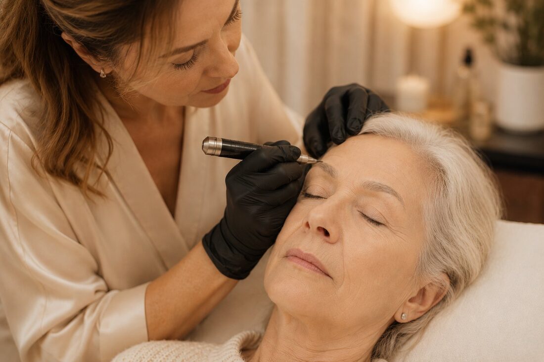 PMU artist applying powder brows to woman over 60 — Kiss Kreations Tempe AZ