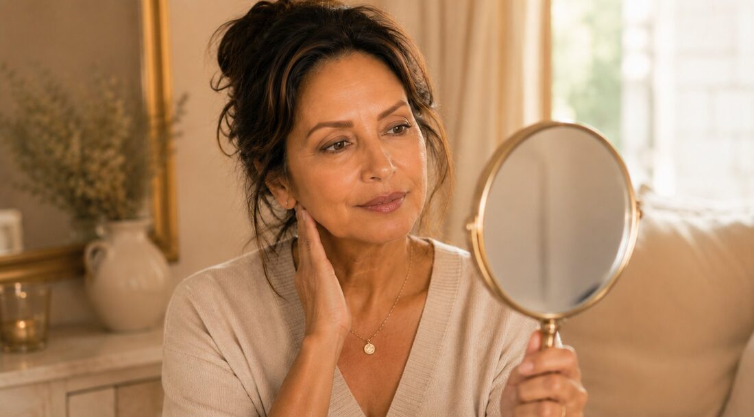 Woman looking in mirror with quiet satisfaction after PMU correction — Kiss Kreations Tempe AZ