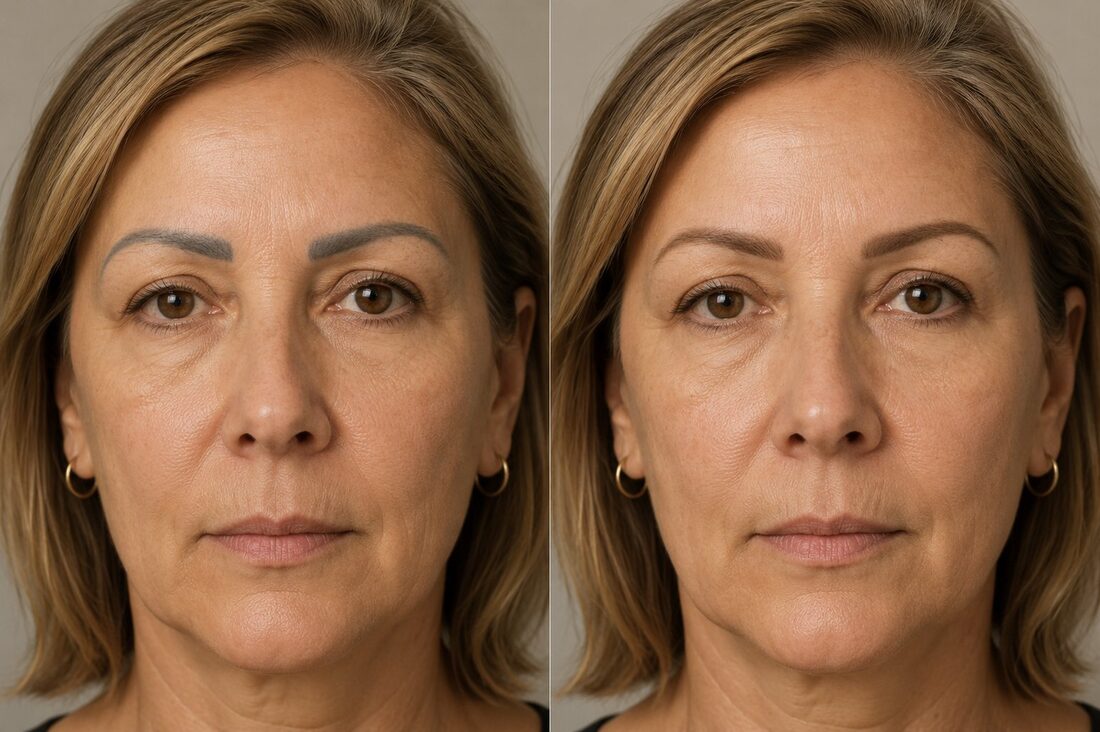 Before and after eyebrow tattoo correction — gray to natural — Kiss Kreations Tempe AZ