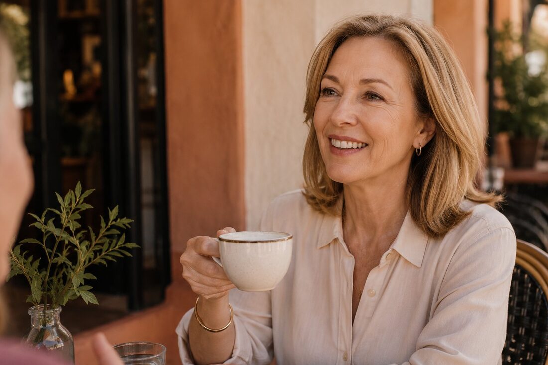 Woman at outdoor café, natural brows, relaxed and confident after PMU correction — Kiss Kreations Tempe AZ